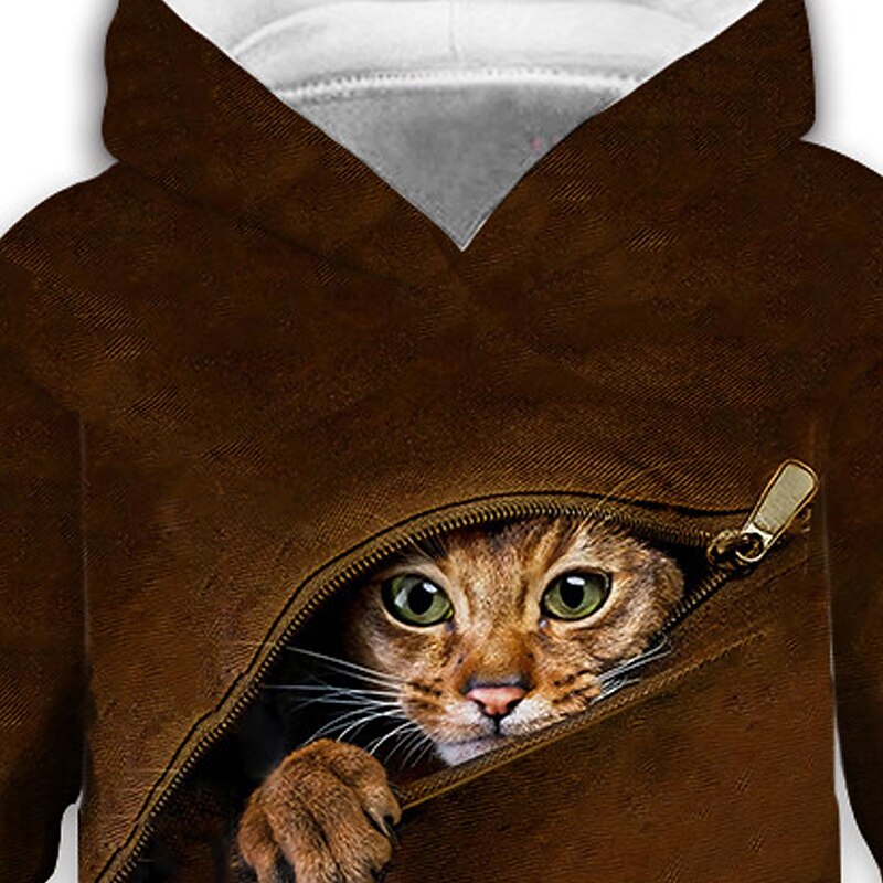 Kids Boys' Hoodie Long Sleeve Brown 3D Print Cat Animal Pocket Daily Indoor Outdoor Active Fashion Daily Sports 3-12 Years4
