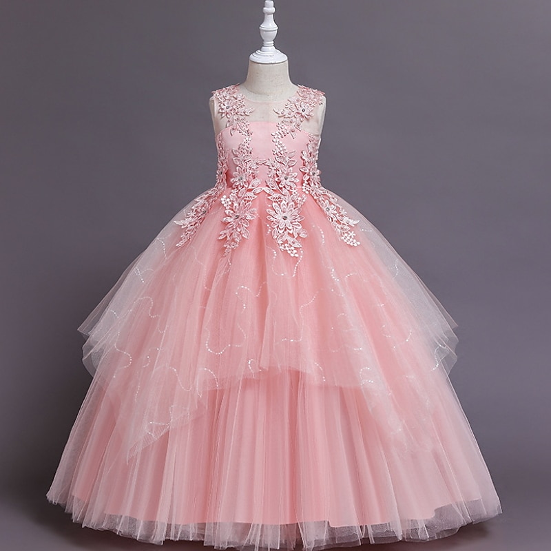 Kids Girls' Dress Floral Solid Colored A Line Dress Performance Wedding Party Ruched Mesh Pink Light Blue White Maxi Sleeveless Cute Princess Dresses Summer Fall Regular Fit 3-12 Years