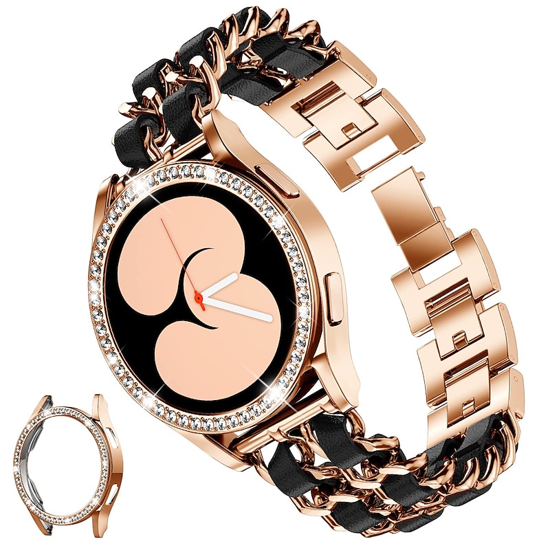 Watch Band for Samsung Galaxy Watch 4 40/44mm Watch Active 2 40/44mm Stainless Chain with Leather Belt Replacement  Strap Bling Diamond Luxury Jewelry Bracelet Wristband