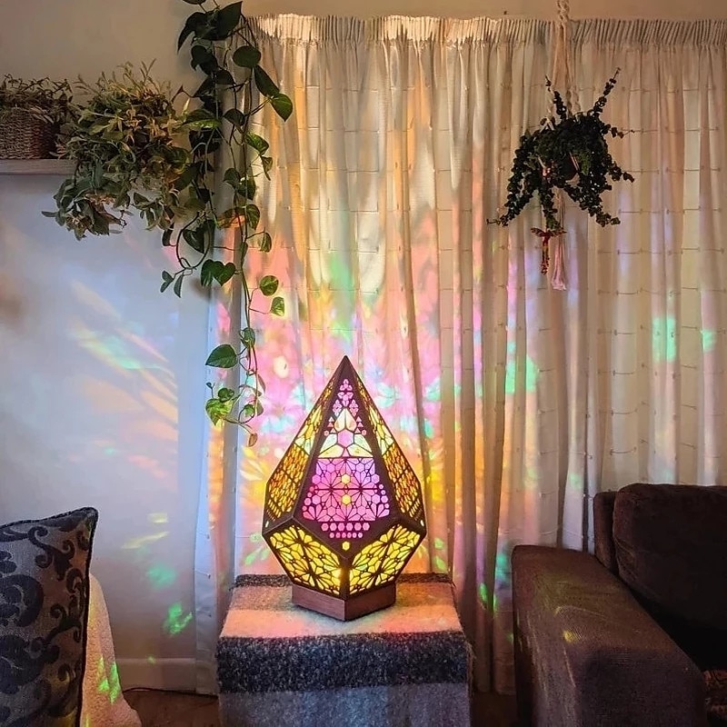 Large Floor Lamp with USB Charging, Christmas Light, Bohemian Hollow Geometric Retro Floor Decorative LED Colorful Diamond Lights Colorful 3D Projection Night Desk Lamp Home Decor Wedding Party2