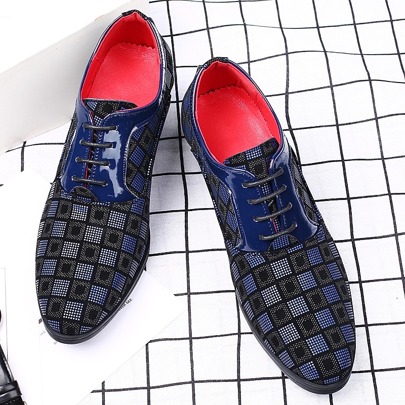 Men's Patterned Lace-Up Block Heel Dress Shoes – Blue and Black Geometric Design for Christmas Party, Formal, and Dance Events3