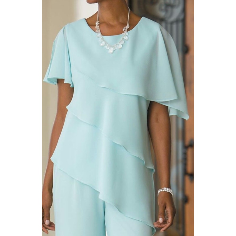 Two Piece Pantsuit Mother of the Bride  Wedding Guest Elegant Plus Size Jewel Neck Floor Length Chiffon Short Sleeve with Cascading Ruffles2