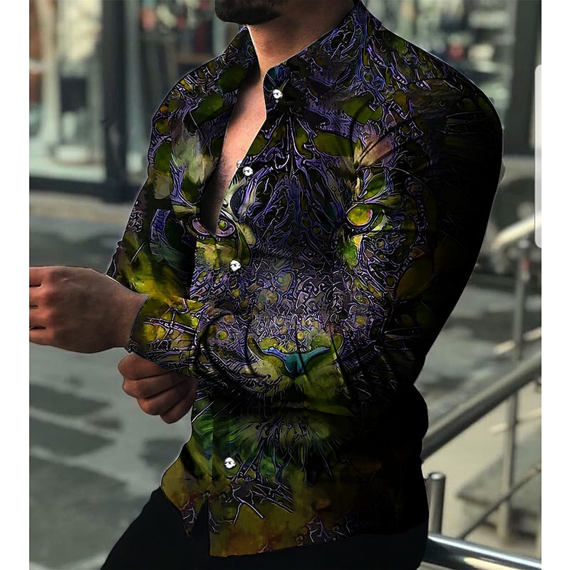 Men's Animal Tiger Geometric Pattern Shirt Button Up Shirt Long Sleeve Fashion Designer Casual Outdoor Vacation Holiday Fall & Winter Collar 3D Print Button-Down Yellow Red Navy Blue Blue Purple4
