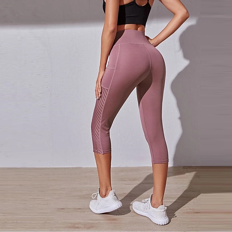 Women's Yoga Pants Side Pockets Butt Lift Tummy Control High Waist Pilates Gym Workout Running Capri Leggings Bottoms Solid Color Black Pink Dark Navy Spandex Mesh Fall Sports Activewear Stretchy4