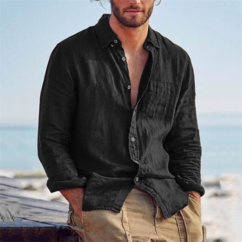 Men's Shirt Linen Shirt Summer Shirt Beach Shirt Untucked Shirts Solid Color Outdoor Vacation Black Brown Green Khaki Long Sleeve Turndown Spring &  Fall Clothing Apparel Button-Down2