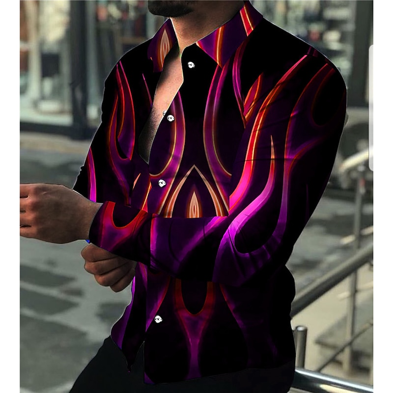 Men's Geometric Pattern Flame Shirt Button Up Shirt Long Sleeve Fashion Designer Casual Daily Holiday Going out Spring & Summer Turndown 3D Print Button-Down Black / Red White Red Blue Purple3