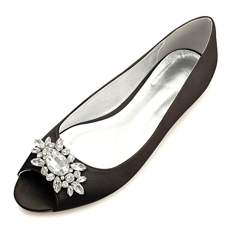 Women's Navy Blue Peep-Toe Flats with Rhinestone Embellishments – Elegant Satin Shoes for Weddings, Parties, and Formal Events3