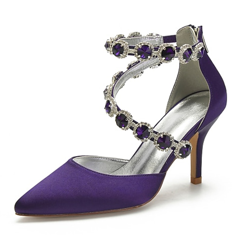 Purple Satin Women's High Heel Shoes with Rhinestone Embellishments and Ankle Straps for Weddings and Cocktail Formal Events3