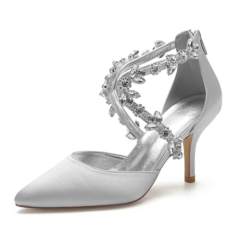 Women's White Satin Crystal Strap Heels – Elegant Pointed Toe Cocktail Shoes for Weddings and Evening Parties2