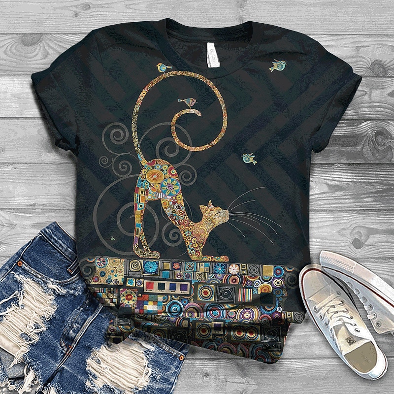 Women's T Shirt Streetwear Preppy Cat Print Short Sleeve Regular Tops Crew Neck Going out Weekend Navy Blue Blue Orange Green Peacock Blue Summer Spring4
