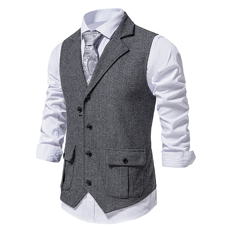Men's Vest Waistcoat Wedding Party / Evening Vintage Retro Spring Fall Pocket Polyester Warm Solid Color Single Breasted Regular Fit Navy Blue Dark Green Coffee Gray Vest2