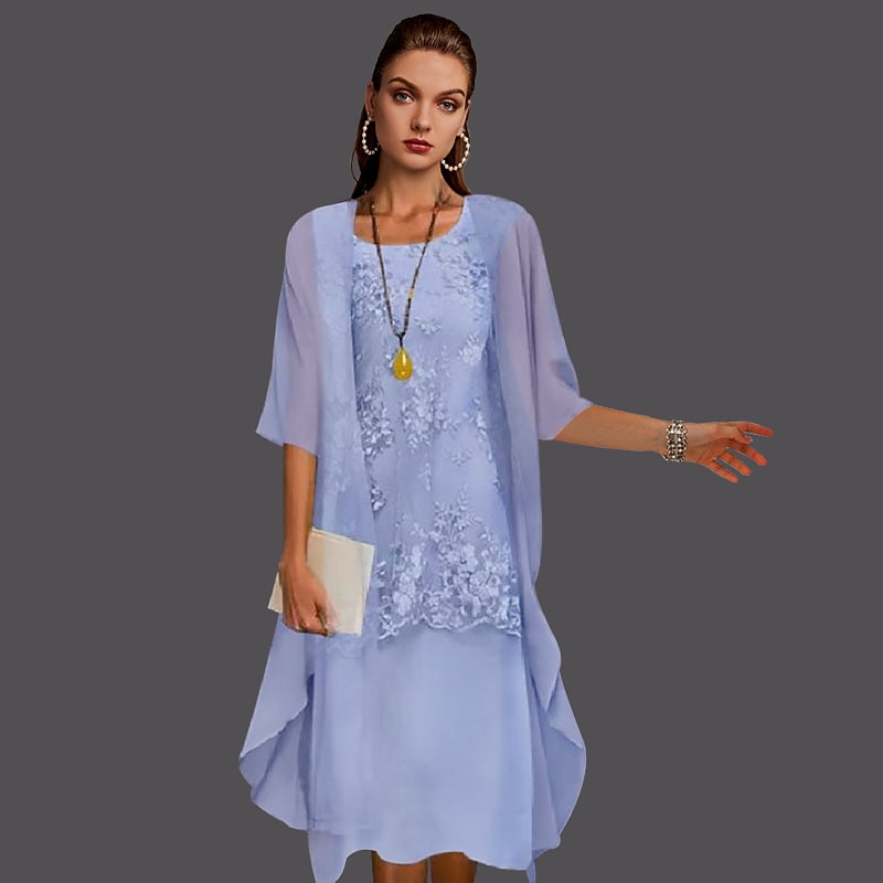 Beach Wedding Two Piece Sheath Mother of the Bride Dress Wedding Guest Elegant Jewel Neck Tea Length Chiffon Lace Sleeveless Jacket Dresses with Appliques