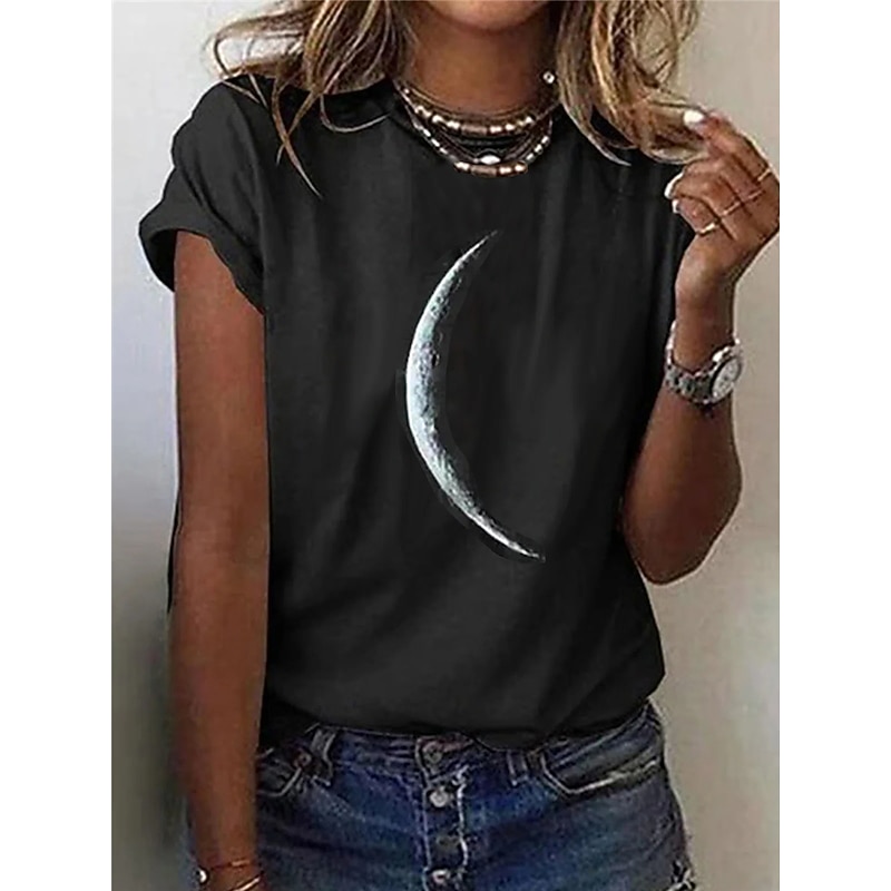 Women's T Shirt Galaxy Moon Basic Short Sleeve Round Neck Regular Tops Casual Daily Black3