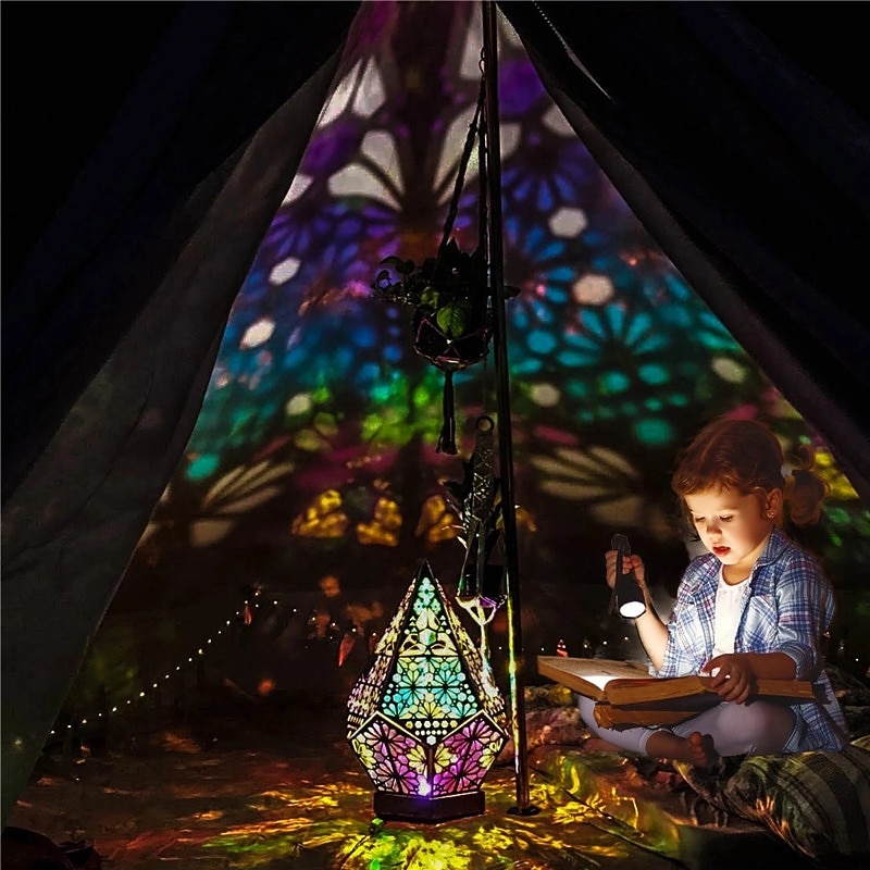 Large Floor Lamp with USB Charging, Christmas Light, Bohemian Hollow Geometric Retro Floor Decorative LED Colorful Diamond Lights Colorful 3D Projection Night Desk Lamp Home Decor Wedding Party4