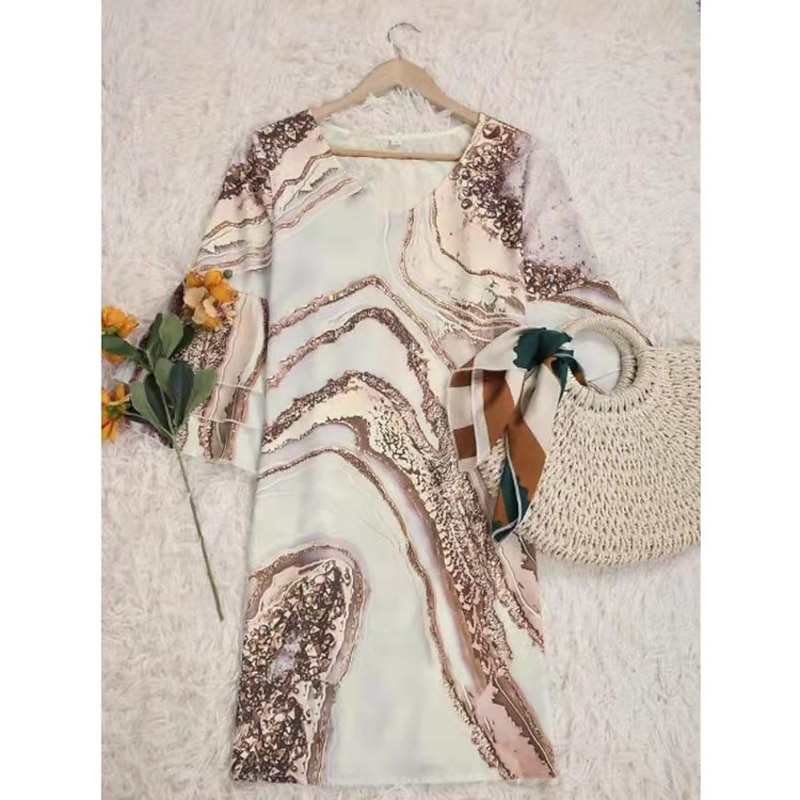 Women's Mini Dress Sundress A Line Dress Semi Formal Dress Petite Dress Vintage Casual Beach Ruffle Sleeve Vacation Daily Beach Regular Fit Marble 3/4 Length Sleeve V Neck Blue Gold Summer2