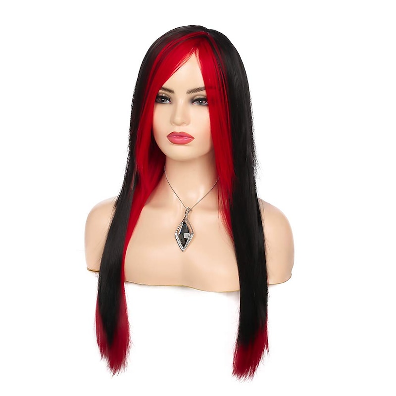 Long Red Black Wig Silk Straight Hair Synthetic Heat Resistant Side Bangs   Ladies Wig Halloween Wigs2
