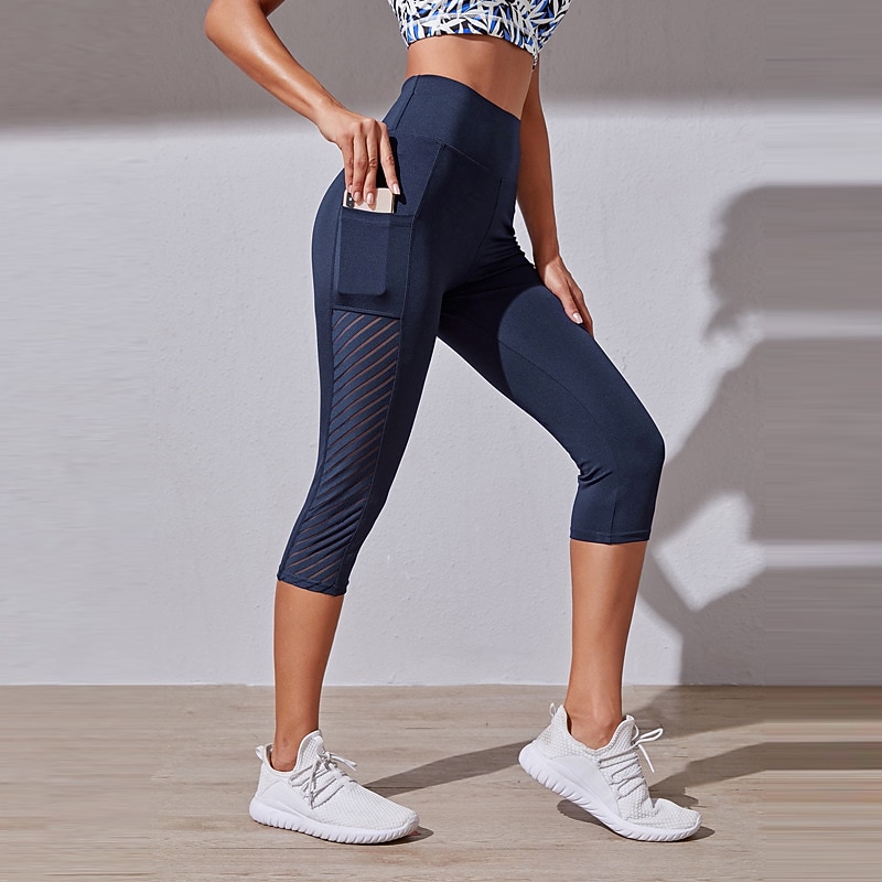 Women's Yoga Pants Side Pockets Butt Lift Tummy Control High Waist Pilates Gym Workout Running Capri Leggings Bottoms Solid Color Black Pink Dark Navy Spandex Mesh Fall Sports Activewear Stretchy2