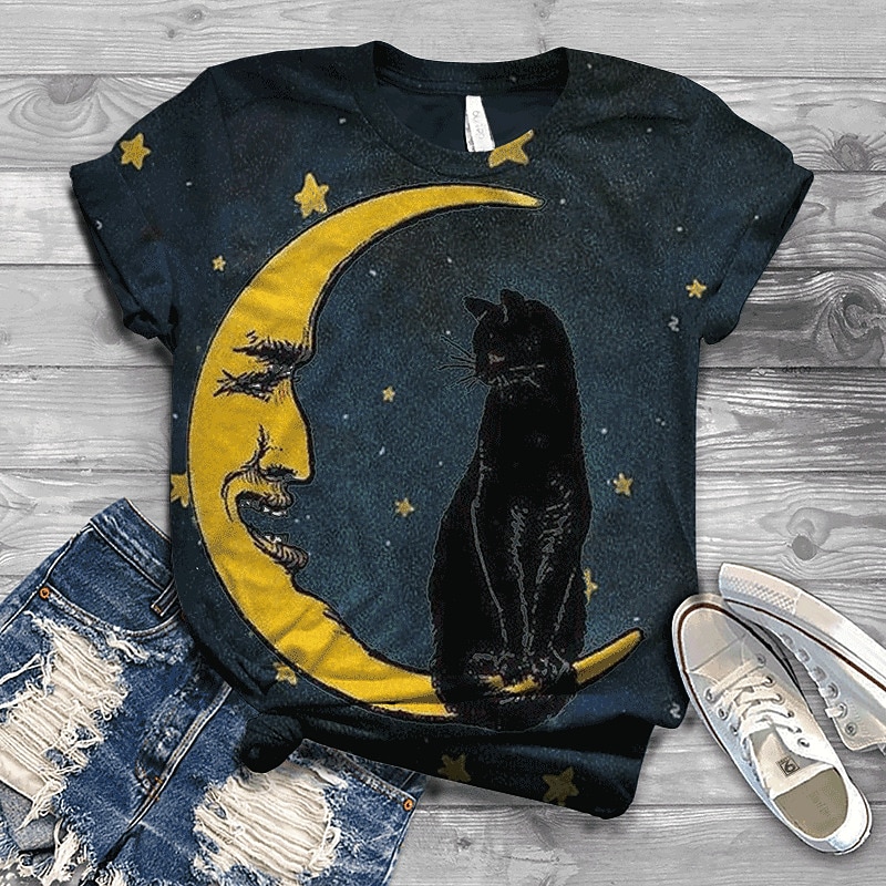 Women's T Shirt Streetwear Preppy Cat Print Short Sleeve Regular Tops Crew Neck Going out Weekend Navy Blue Blue Orange Green Peacock Blue Summer Spring