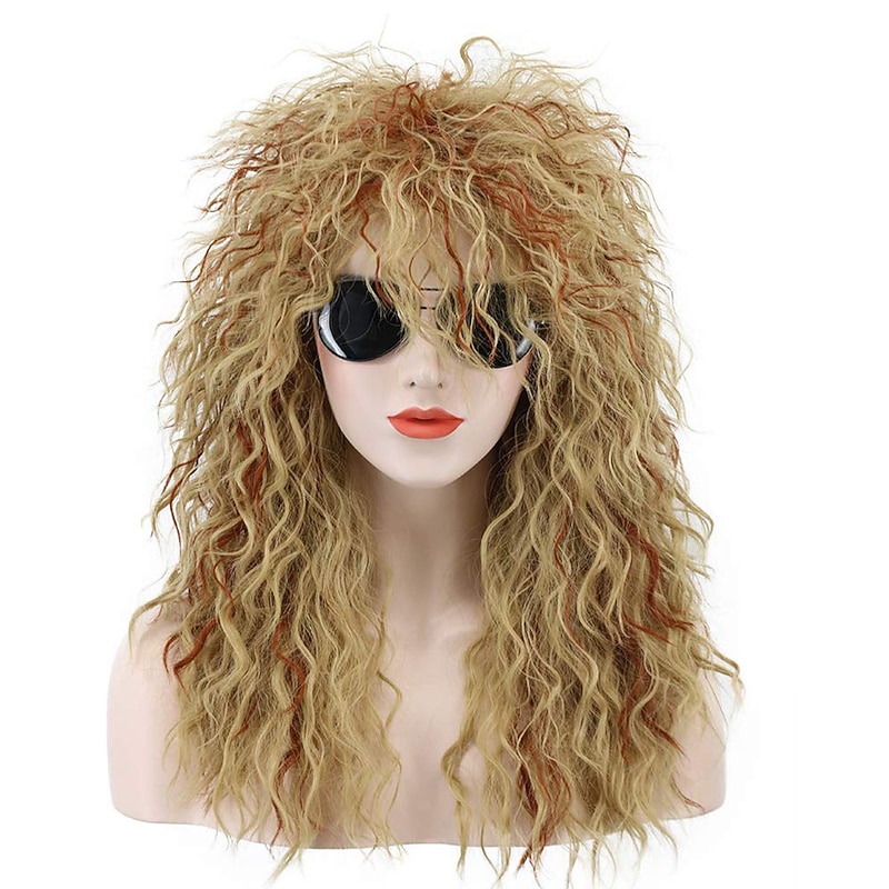 Men Women Long Curly Orange Mix Blonde 70S Heavy Metal Rocker Wig 80S Costume Anime Wig (Only Wig without Glasses) Halloween Wigs