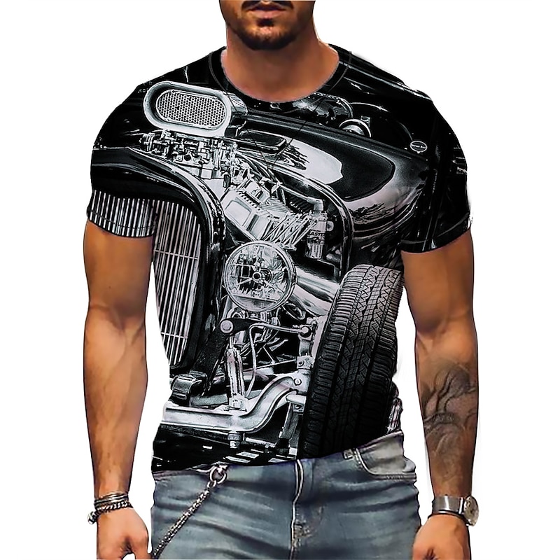 Men's Machine T Shirt Short Sleeve T shirt 3D Print Round Neck Shirt Sports Fashion Designer Outdoor Vacation Street Silver Black-White Black / Gray Summer Clothing Apparel S M L XL XXL XXXL 4XL4