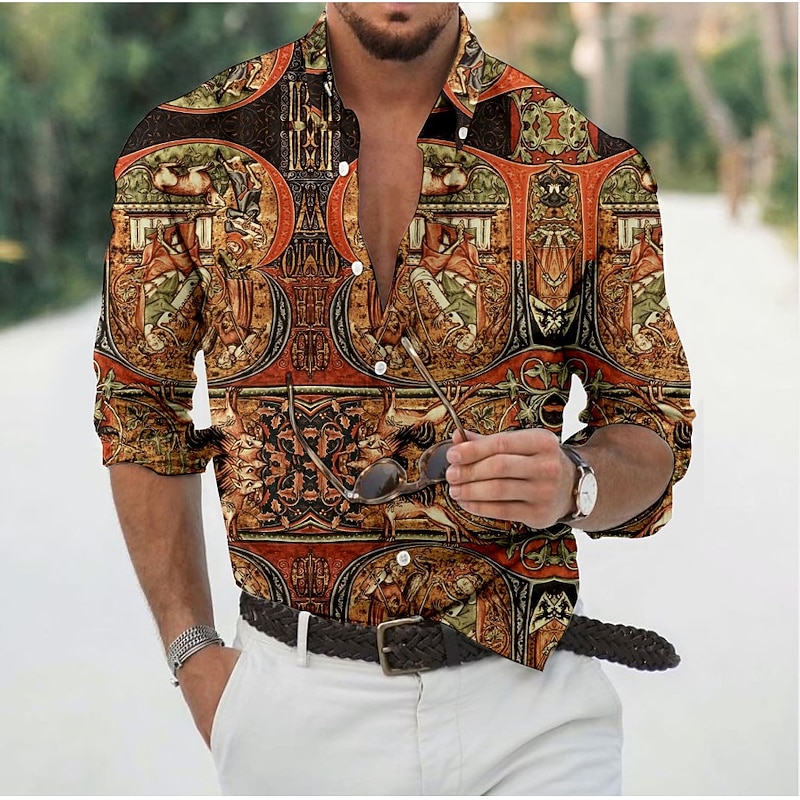 Men's Leaves Clock Shirt Button Up Shirt Vintage Designer Ethnic Style Daily Holiday Going out Spring, Fall, Winter, Summer Turndown 3D Print 21031 19014C gold c0018 19014C black c0015 7