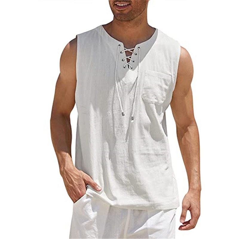 Men's White Cotton Shirt Summer Shirt Casual Shirt Beach Shirt Cotton Linen Shirt Plain Outdoor Vacation Black White Wine Brown Sleeveless V Neck Summer Clothing Apparel Lace up