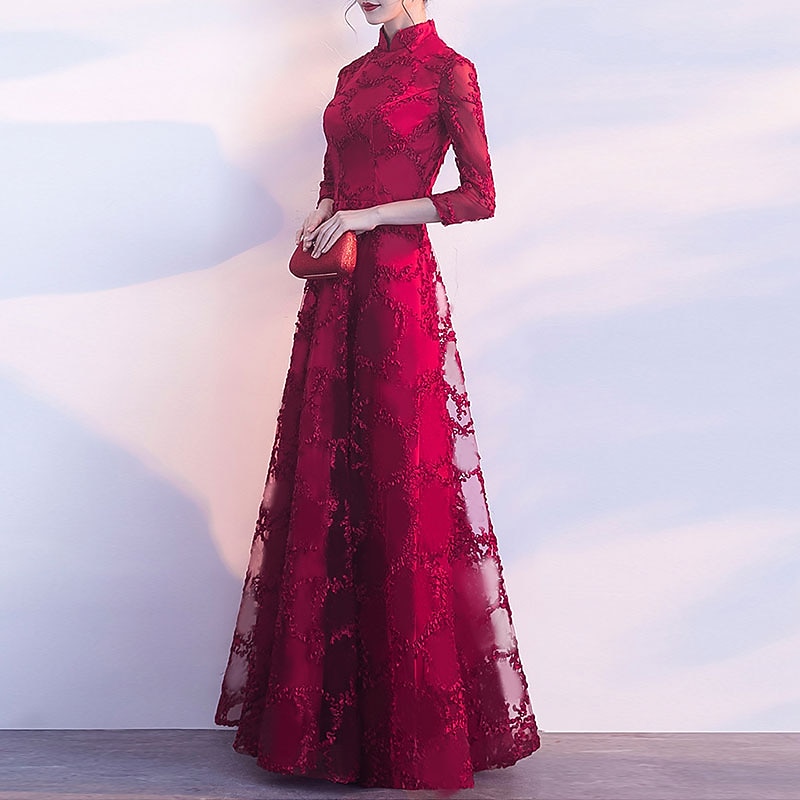 A-Line Evening Gown Vintage Dress Wedding Guest Prom Floor Length 3/4 Length Sleeve Stand Collar Tulle with Pleats Appliques3