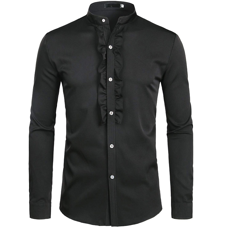 Men's Chinese Collar Shirt Mandarin Collar Shirt Prom Shirt Tuxedo Shirts Solid Colored Outdoor Party Black White Long Sleeve Stand Collar Summer Spring Clothing Apparel Button-Down3