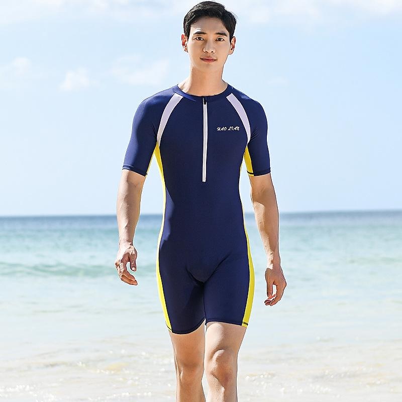 Men's Rash Guard Dive Skin Suit UV Sun Protection Quick Dry Lightweight Short Sleeve Swimsuit Front Zip Swimming Diving Surfing Snorkeling Patchwork Summer / High Elasticity / Beach3