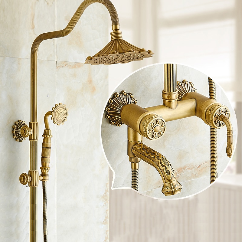Shower Faucet,Rainfall Shower System Body Jet Massage Set - Handshower Included pullout Rainfall Shower Antique Vintage Style Antique Brass Mount Inside Brass Valve Bath Shower Mixer Taps2
