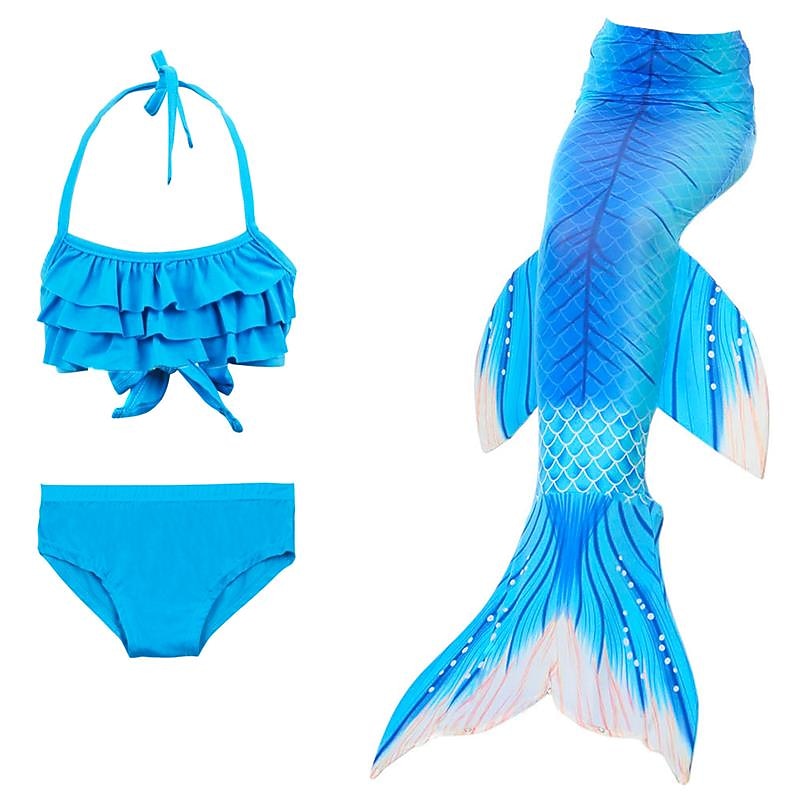 Kids Girls' Three Piece Mermaid Swimwear Swimwear Bikini Bikini Swimming Children's Day Color Block Cute Sexy Print Bathing Suits 3-10 Years Summer Blue