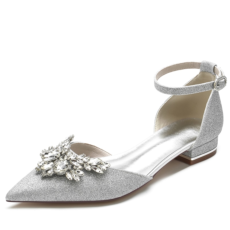 Women's White Satin Flats with Rhinestone Floral Design – Elegant Pointed-Toe Wedding or Evening Shoes2
