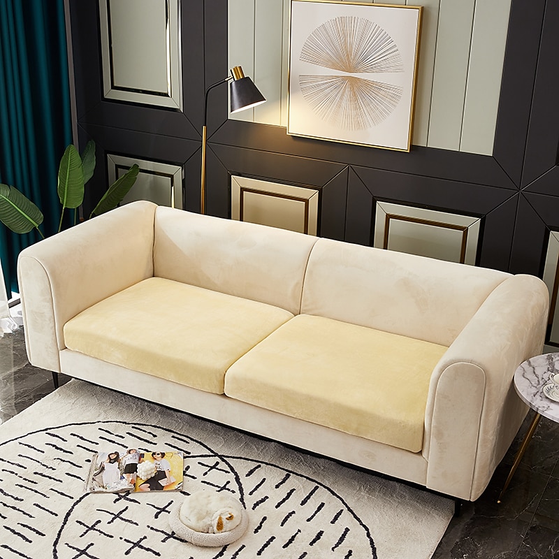 Stretch Sofa seat Cushion Cover Velvet Slipcover Elastic Couch Armchair Loveseat 4 or 3 Seater Grey Burgundy Red Black Blue Plain Solid Soft Durable Washable3