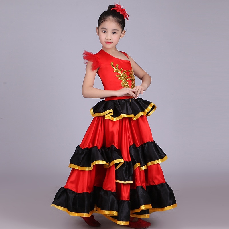 Girls' Flamenco Senorita Dancing Tango Dance Costume Stylish Polyester Red Skirt / Kid's4