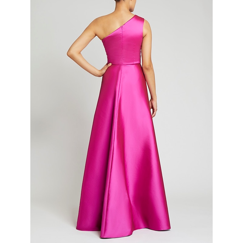 Beach Wedding Sheath Evening Gown Elegant Dress Wedding Guest Cocktail Party Floor Length Sleeveless One Shoulder Satin with Overskirt Pure Color2