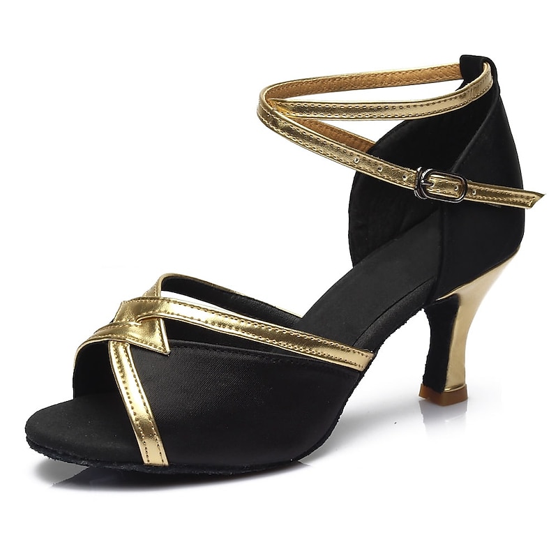 Women's Black and Gold Latin Dance Shoes – Suede Sole, Strappy Ankle Wrap, Ballroom Salsa Performance Heels