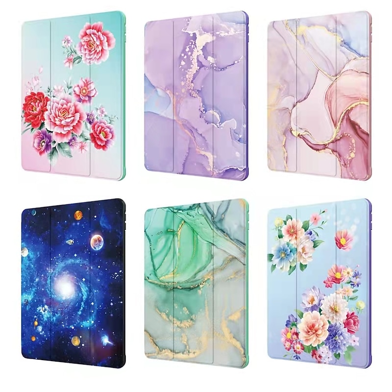 Tablet Case Cover For Apple ipad 9th 8th 7th Generation 10.2 inch Pencil Holder Trifold Stand Dustproof Graphic Flower Marble PU Leather2