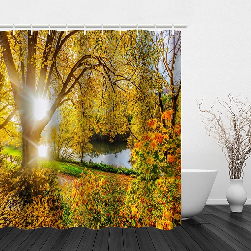 Shower Curtain with Hooks 180cm*180cm(70"*70") Polyester Washable Waterproof Sunshine Forest Landscape Pattern 9