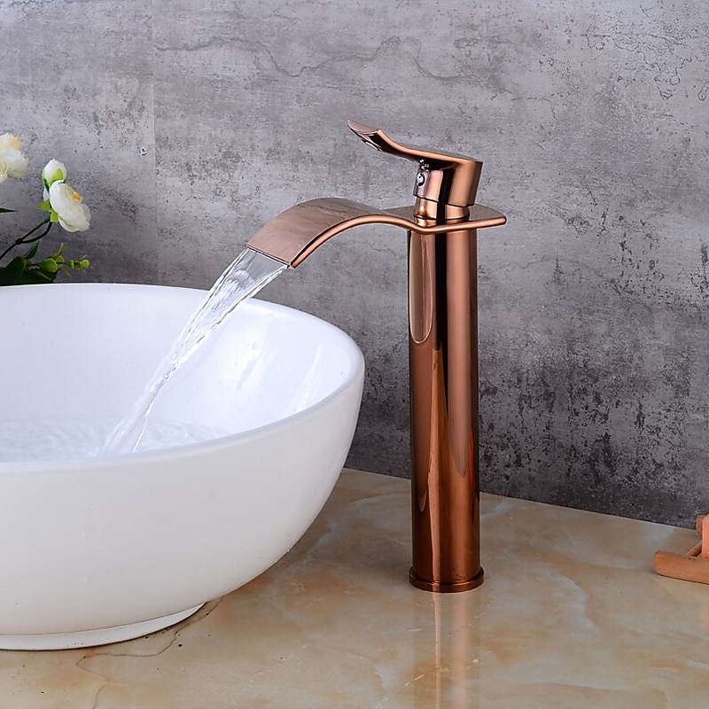 Brass Bath Sink Faucet with Drain,Waterfall Rose Gold Tall Centerset Single Handle One Hole Bath Taps with Hot and Cold Water2