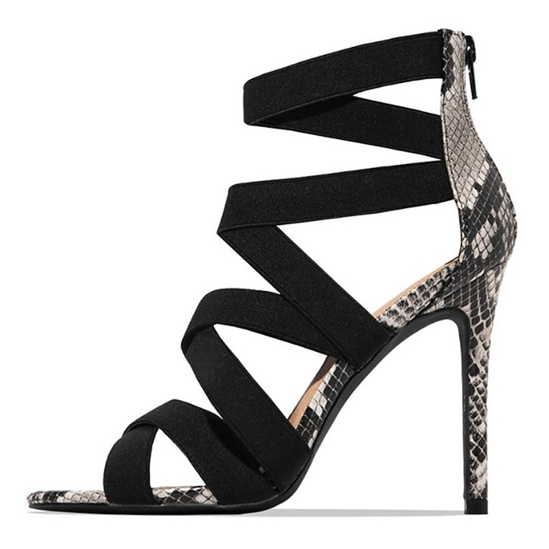 Black Women's High Heel Sandals with Snake Print Accents and Wrap-Around Straps for Fashion and Evening Wear3