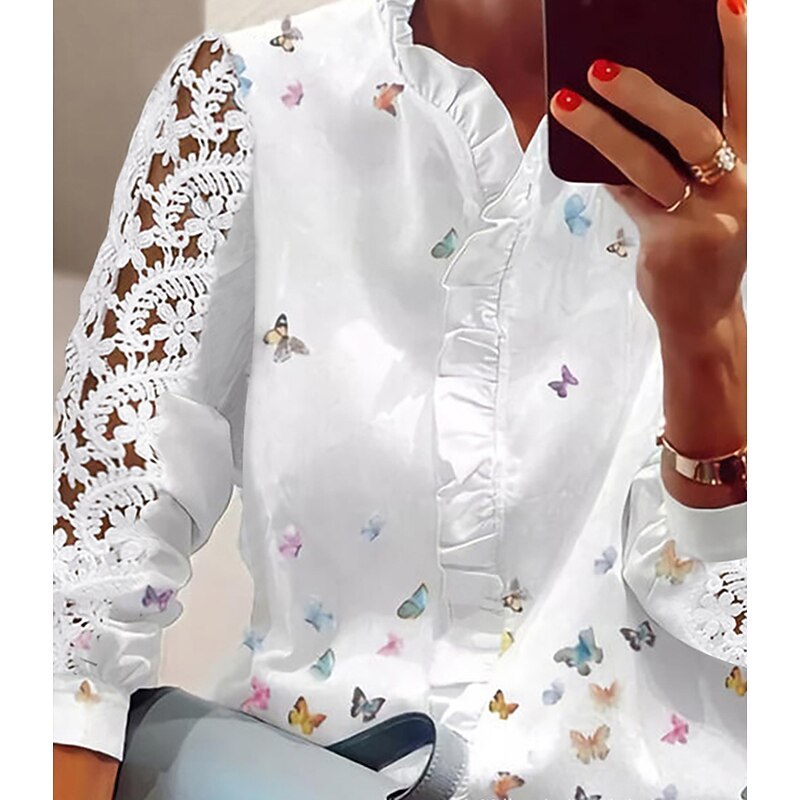 Women's Shirt Lace Shirt Blouse Eyelet top Elegant Streetwear Casual Butterfly Ruffle Mesh Buttons Long Sleeve Regular Tops V Neck Work Casual Daily White Spring Fall3
