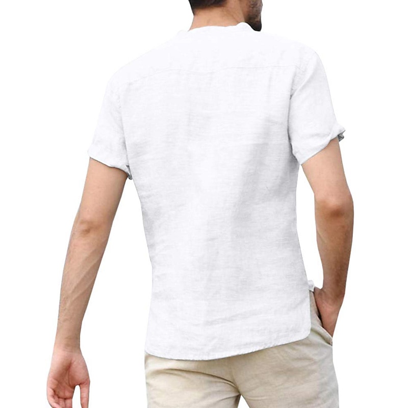 Men's Linen Shirt Band Collar Shirt Summer Shirt Beach Wear Casual Shirt Solid Color Outdoor Street Black White Light Green Blue Short Sleeve Henley Summer Spring Clothing Apparel Button-Down3