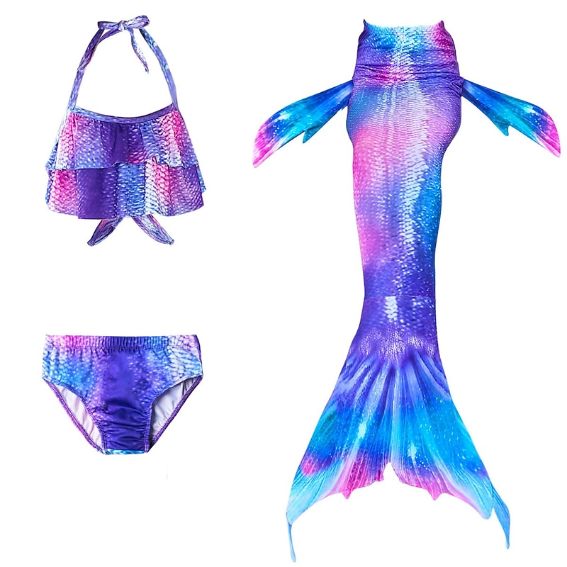 Kids Girls' Three Piece Mermaid Swimwear Bikini Bikini Swimming Children's Day Rainbow Cute Sexy Bathing Suits 3-10 Years Summer Purple3