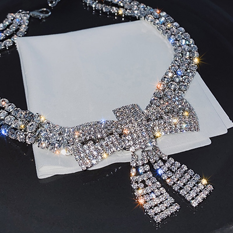 Rhinestone Choker Necklace Bow-Knot Full Crystals Necklaces Silver Sparkly Necklace Chain Jewelry Fashion Party Accessories for Women and Girls dress to impress3