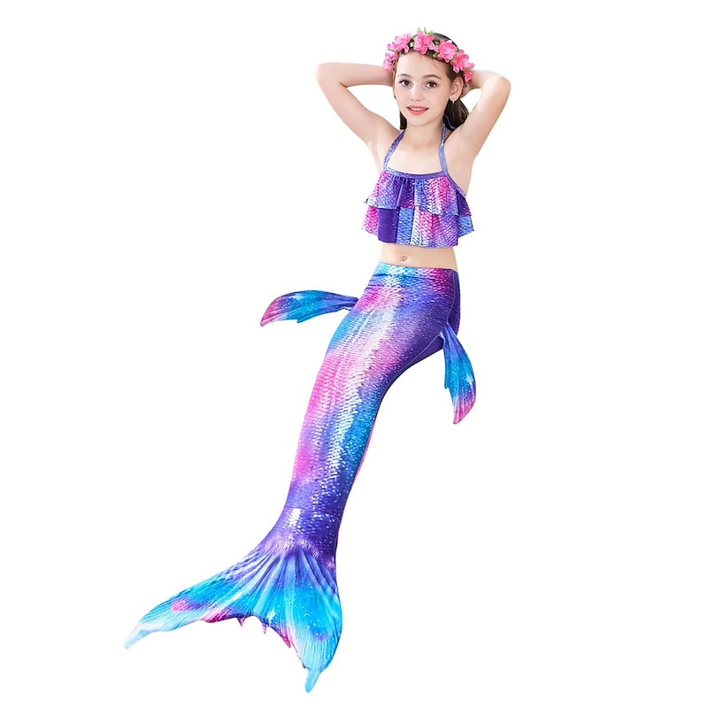 Kids Girls' Three Piece Mermaid Swimwear Bikini Bikini Swimming Children's Day Rainbow Cute Sexy Bathing Suits 3-10 Years Summer Purple4