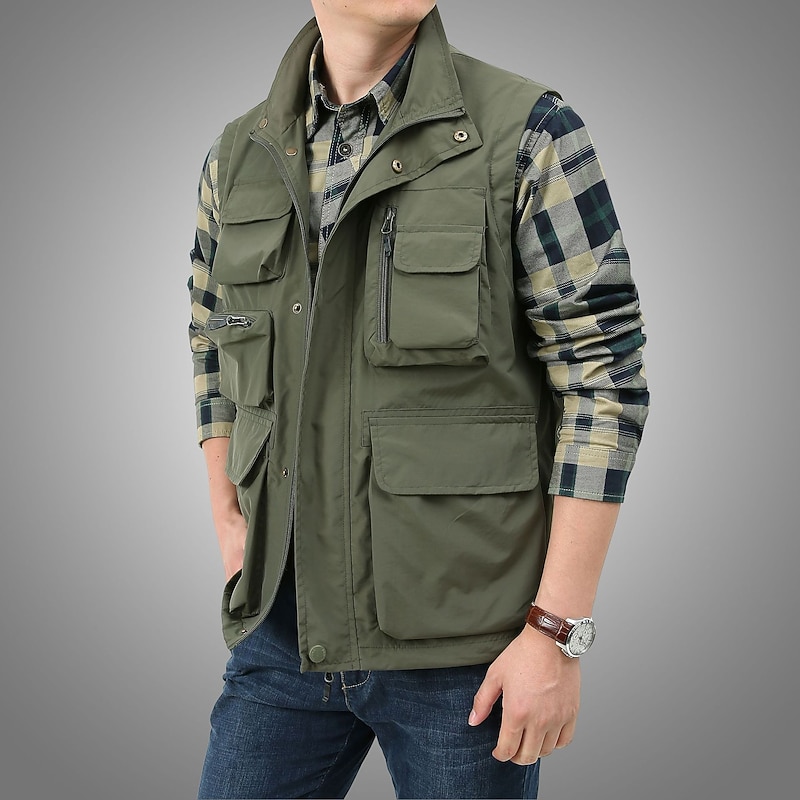 Men's Fishing Vest Hiking Vest Sleeveless Outerwear Zip Top Top Outdoor Multi-Pockets Breathable Quick Dry Sweat-Wicking Summer Black khaki Navy Blue Hunting Fishing Climbing3