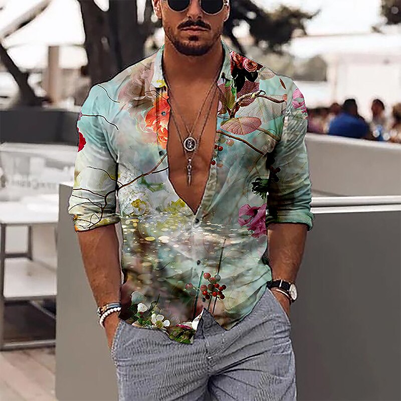 Men's Floral Shirt Button Up Shirt Long Sleeve Vintage Party Designer Daily Holiday Weekend Spring Fall Collar Classic Collar Print Red Blue Green