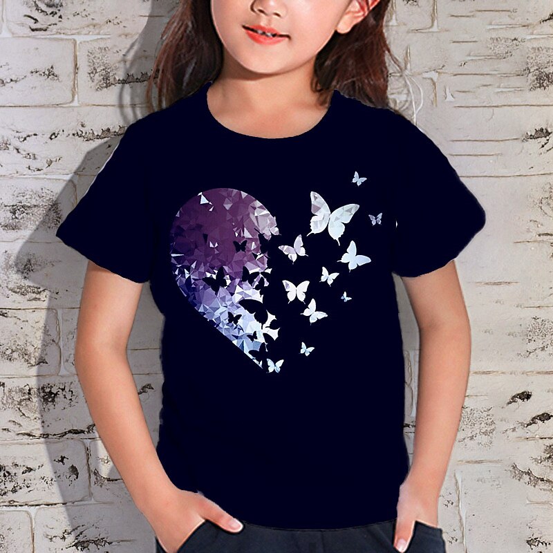Girls' 3D Animal Butterfly Heart T shirt Short Sleeve 3D Print Summer Spring Active Fashion Cute Polyester Kids 3-12 Years Outdoor Daily Indoor Regular Fit