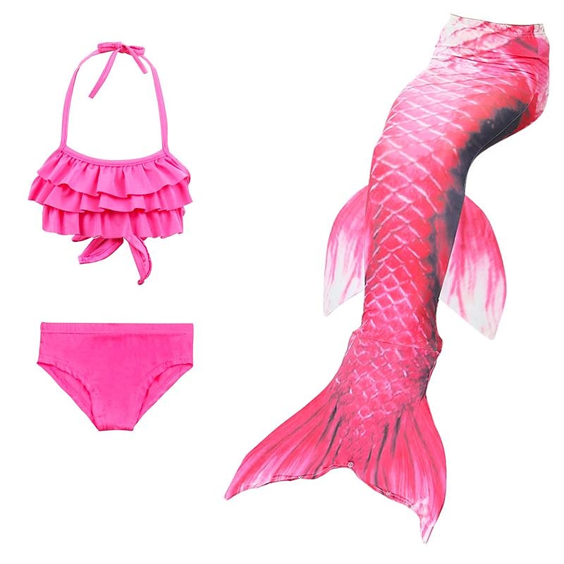 Kids Girls' Three Piece Mermaid Swimwear Swimwear Bikini Bikini Swimming Children's Day Color Block Cute Sexy Print Bathing Suits 3-10 Years Summer Red