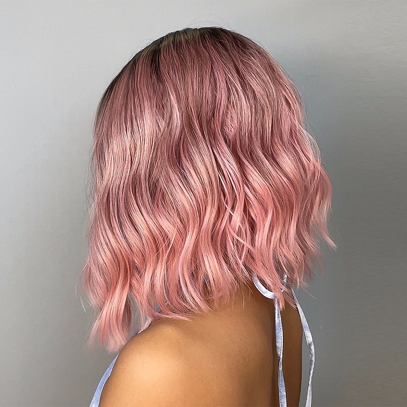 Pink Ombre Brown Auburn Wine Green Bob Wig with Bangs for African American Women 18inch Synthetic Curly Wigs Natural Scalp Daily Party Christmas Wigs4